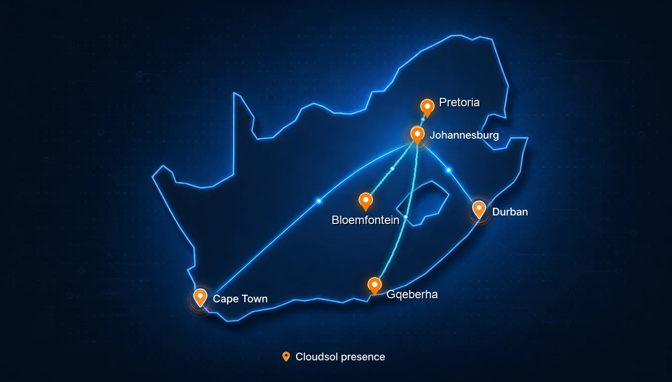 South Africa map showing Cloudsol presence in Johannesburg, Cape Town, Durban, Pretoria, Gqeberha and Bloemfontein, with all cities connected.